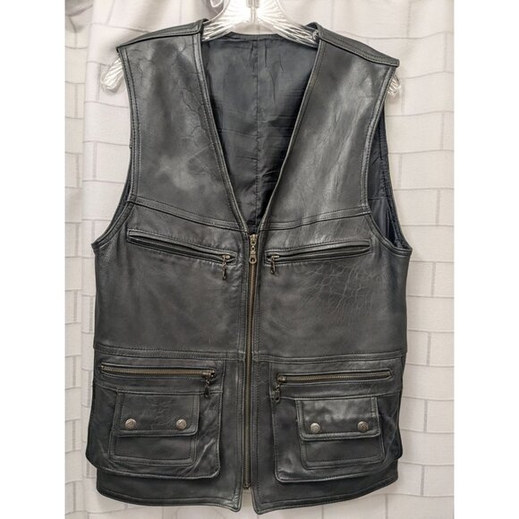 Black Leather Biker Vest With Zipper & Snap Closures 4 Pockets Supple Feel - Picture 1 of 6